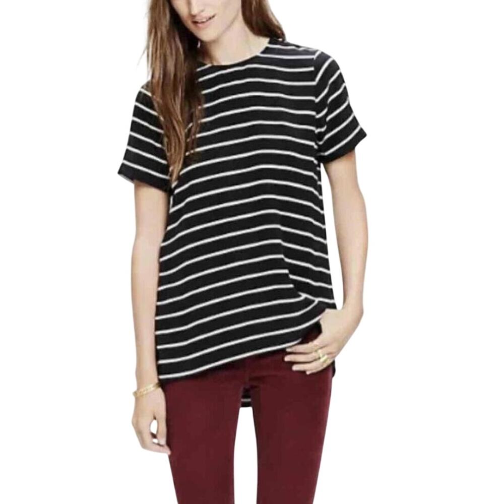 Madewell Black and White Silk Short Sleeve Hi Low Blouse XS